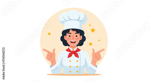 Cheerful Cartoon Chef in Traditional Uniform with Toque Blanche.