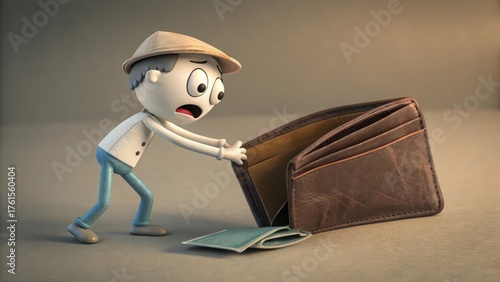 Cartoon figure looking at an empty wallet in financial distress
