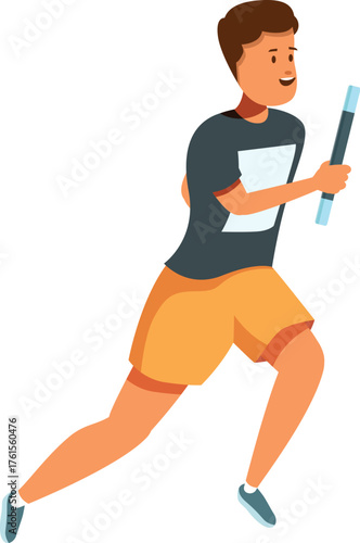 Young athlete running with relay baton in hand, participating in track and field event