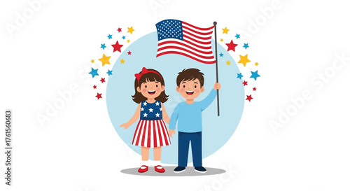 Cheerful children proudly holding the American flag amidst festive stars.
