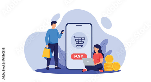 Couple using mobile phone for online shopping and payment with digital wallet.