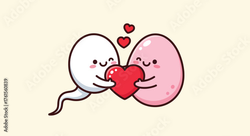 Cute Cartoon Sperm and Egg Embracing a Heart.