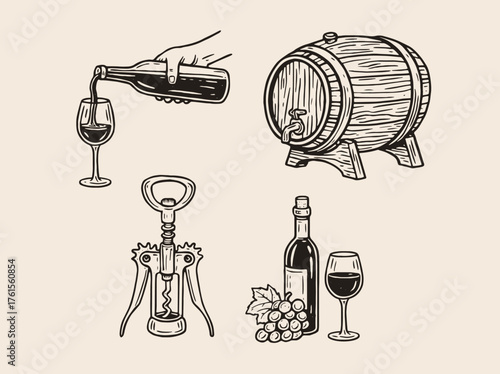 Wine barrel corkscrew bottle and glass engraving vintage vector illustration