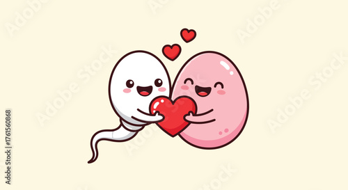 Cute Cartoon Sperm and Egg Embracing a Heart Symbol.