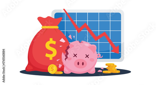 Dead piggy bank and money bag with falling stock market graph.