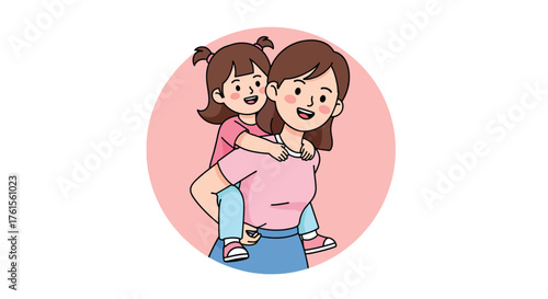 Happy Mother and Child Piggyback Ride Illustration.