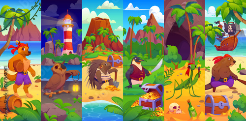 Cartoon animal pirate characters and corsair ship crew collage, vector personages. Caribbean pirate animal characters on treasure island, porcupine corsair or beaver boatswain and penguin captain