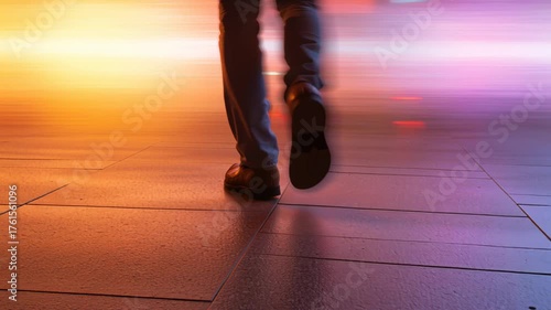 Soft glow illuminates footsteps on sleek floor, creating vibrant atmosphere filled with motion