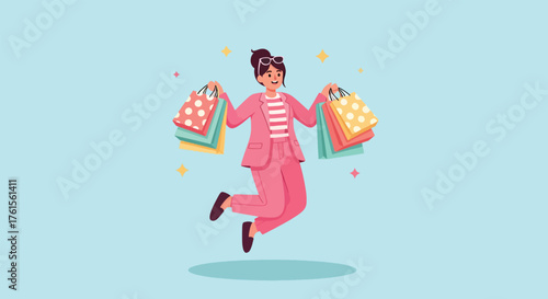 Joyful Woman Jumping with Shopping Bags.