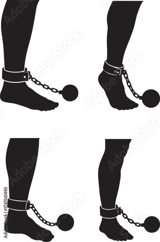 Four silhouettes of ankles with ball and chain restraints