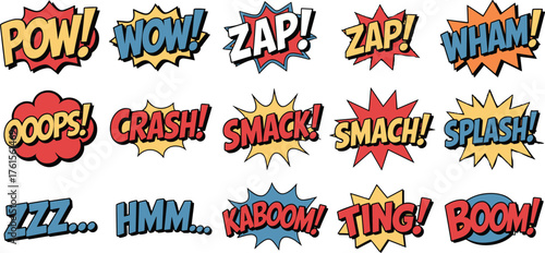 Comic sound effect text, colorful pop art speech bubbles, retro cartoon words like POW WOW ZAP BOOM, vector comic explosion design