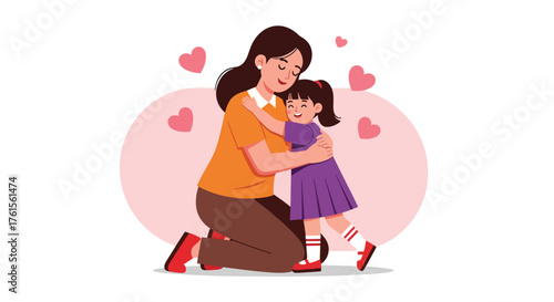 Loving mother embracing her happy daughter with hearts.