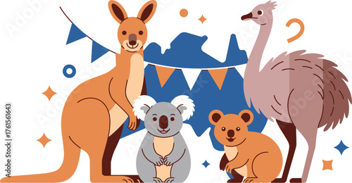 Cartoon Australian Animals Kangaroo, Koalas, Emu, with Map of Australia and Decorations