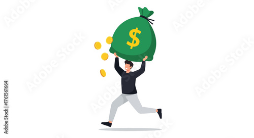 Man running with a large green money bag overflowing with gold coins.