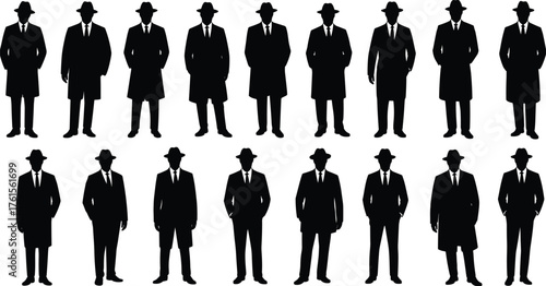 Detective silhouettes, man in trench coat vector, secret agent clipart, noir character poses, mysterious figure icons, spy illustration set, classic style graphics