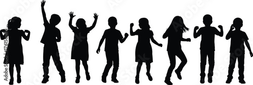 Children silhouette set showing playful movement, dancing, gestures, individuality, emotion, and expressive body language in vector art style