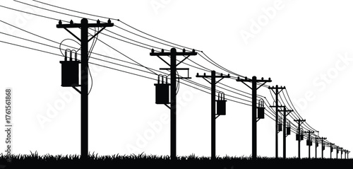Electric poles silhouette, power lines illustration, electricity distribution vector, rural infrastructure art, energy network design, utility pole landscape, electr