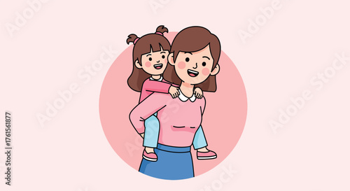 Mother carrying her daughter on her back illustration.