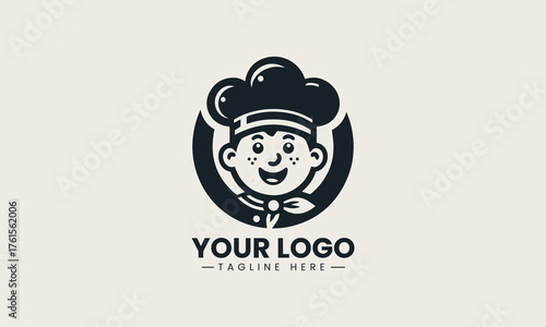 Smiling retro chef boy wearing classic hat and bow tie vector logo illustration design