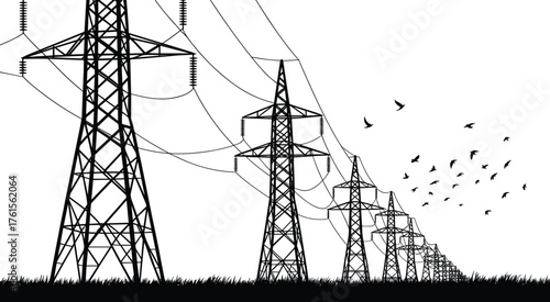 Electric transmission towers, high voltage power lines, electricity pylons in field, energy distribution 