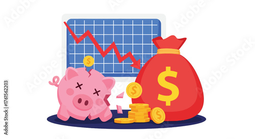 Sad piggy bank with falling graph and money bag symbolizing financial loss.