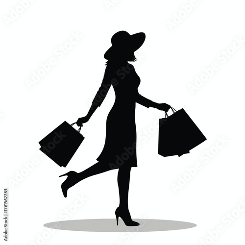 Silhouette of a Woman in a Hat Carrying Shopping Bags.