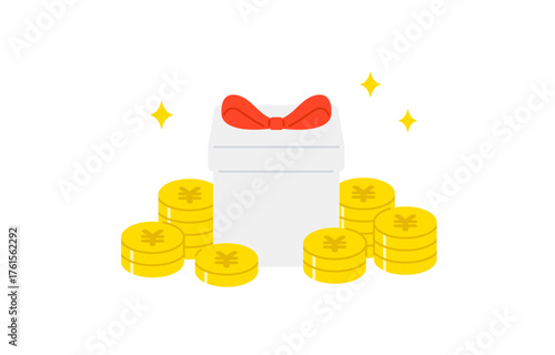 山積みの円マークコインと正面のプレゼントボックス【ベクターイラスト素材】