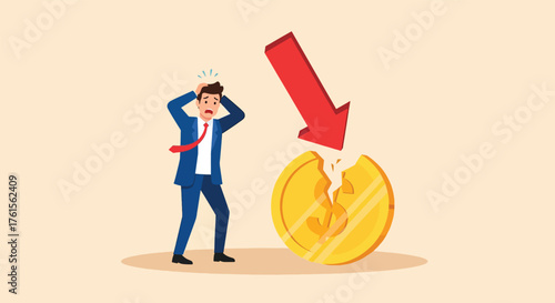 Stressed Businessman Witnessing a Broken Coin and Falling Red Arrow.