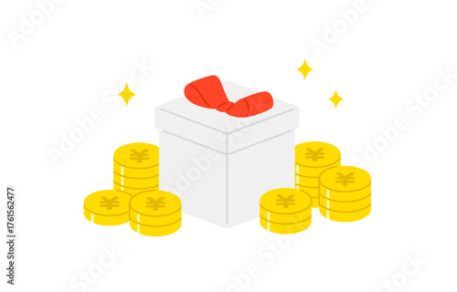 山積みの円マークコインとななめのプレゼントボックス【ベクターイラスト素材】