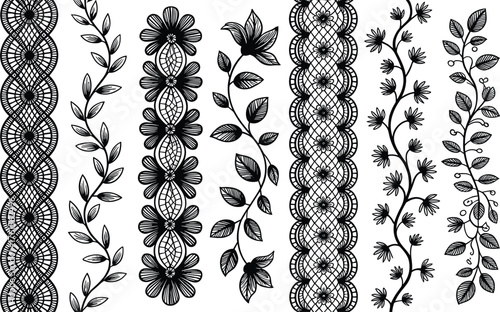 Floral lace border patterns, decorative vintage ornament design, black vector flower trims, botanical seamless border elements, elegant embroidery style decoration set