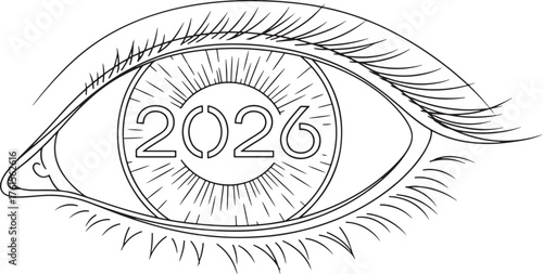 Line art eye with 2026 in iris, symbol of vision, future insight, and creative foresight