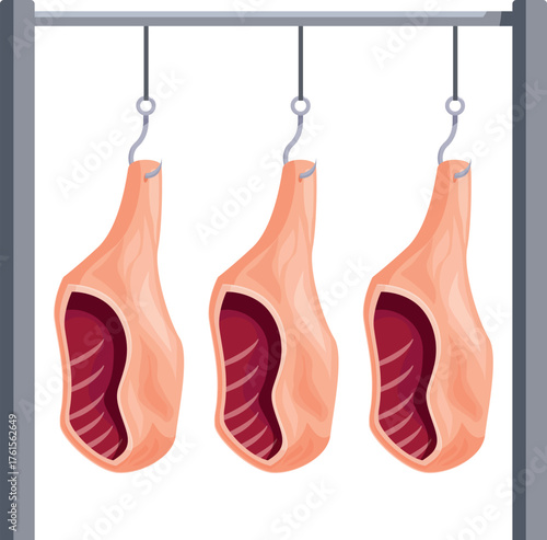 Fresh cuts of red meat are hanging on metal hooks in a butcher shop, ready for processing and sale