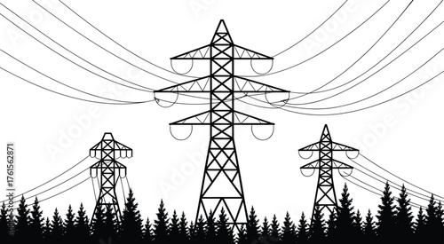 High voltage power lines, electricity transmission towers, energy grid infrastructure, electric pylons in forest, electrical network landscape, industrial energy distribution system illustration