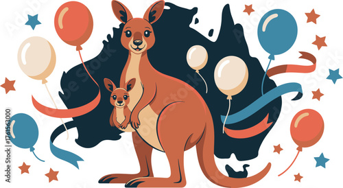 Cartoon Kangaroo with Baby, Australia Map, Stars, and Balloons Festive Illustration