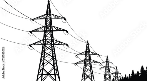 High voltage power lines, electricity transmission towers, energy infrastructure silhouette, electric pylons landscape, industrial utility network, 