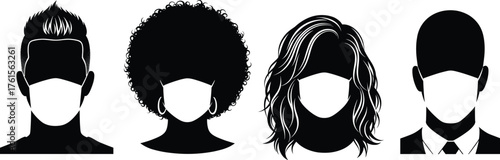 Face mask silhouette set showing diverse individuals, hairstyles, attire, health safety, pandemic protection, and inclusive public awareness vector