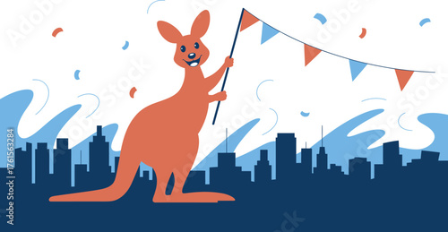 Cartoon Kangaroo with Pennant String Standing Before City Skyline Illustration on Celebration Day