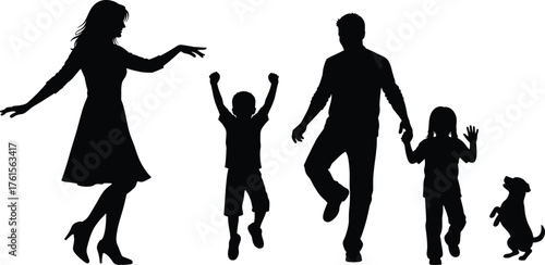Family and dog silhouette set showing dancing, playful gestures, joyful interaction, movement, bonding, and expressive lifestyle vector art