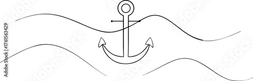 Black outline anchor in wavy water ocean wave