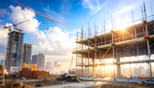 Wallpaper Mural Construction site at sunset with cranes and workers, showcasing urban development and skyline Torontodigital.ca