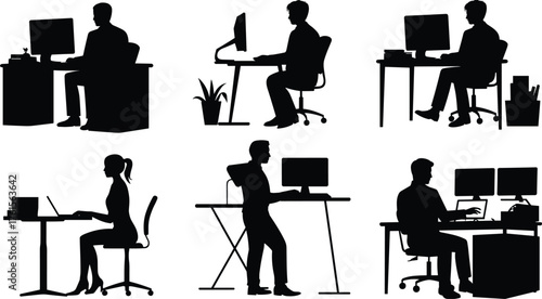 Office worker silhouettes, people at computer, desk job vector, business employee clipart, workplace illustration, sitting and standing pose, corporate workspace icons