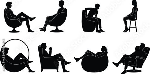 People sitting in chairs silhouette set, modern furniture poses, relaxing sitting figures, lounge chair illustration, interior design vector, comfortable seating posture
