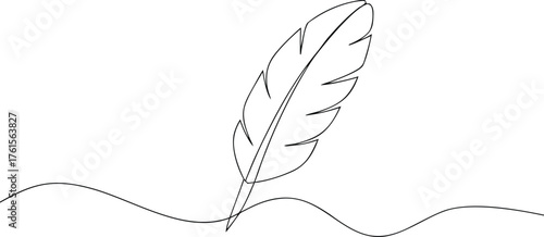 Black line drawing of a quill pen on a wavy line writing