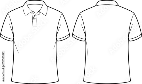Polo shirt flat sketch, short sleeve collar design, unisex casual wear vector illustration, classic fashion technical drawing, clothing CAD template, apparel vector design