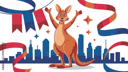 Cheerful Cartoon Kangaroo with Raised Arms Over Cityscape and Festive Ribbons Illustration