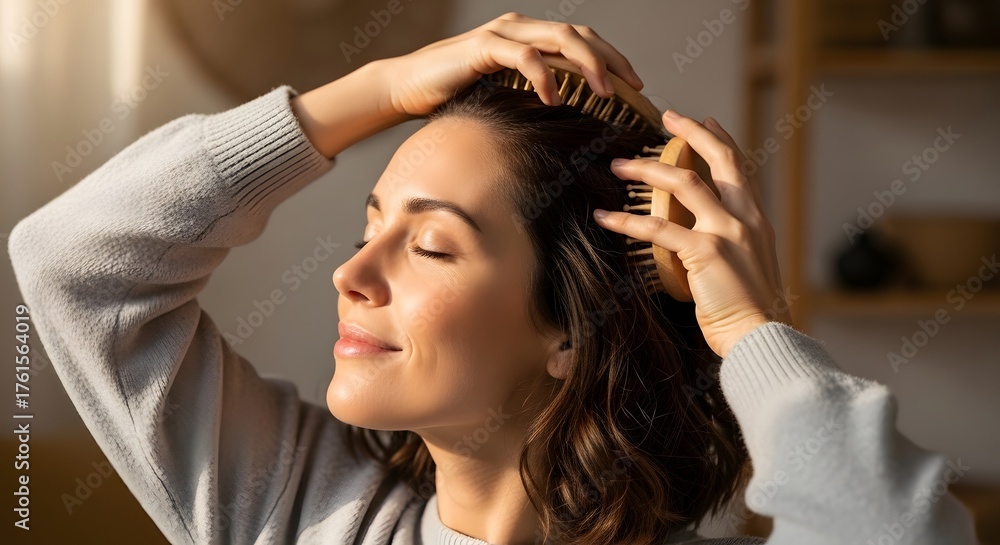 Fototapeta premium Woman enjoying a moment of self-care while combing her hair in a cozy indoor setting