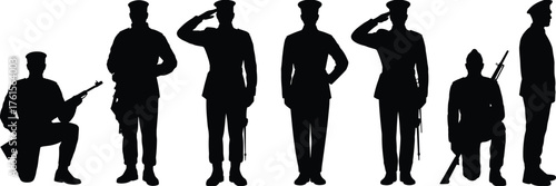 Soldier silhouette, army saluting vector, military personnel illustration, armed forces outline, soldier with rifle, military posture art, black soldier figure, defense silhouette design