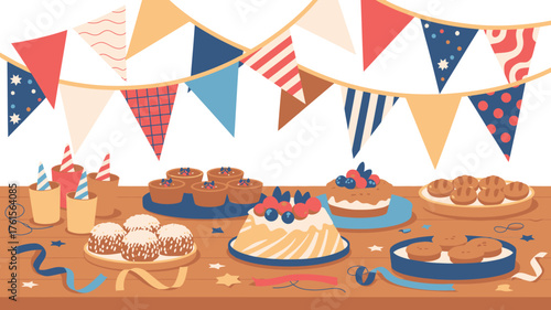Colorful Bunting, Cakes, and Cookies on Festive Party Table with Birthday Candles and Ribbons