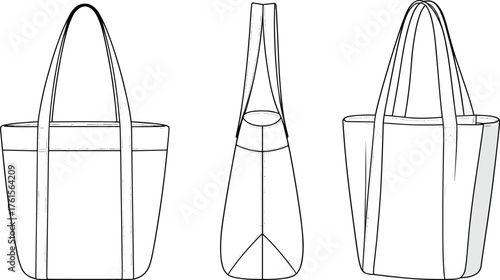 Tote bag flat sketch, canvas tote bag vector, fashion bag template, shopper bag illustration, handbag design technical drawing, sewing pattern outline