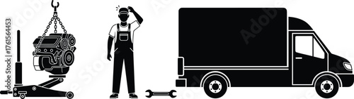 Mechanic silhouette with engine hoist, confused gesture, wrench, and service van showing automotive repair, tools, and mobile service vector